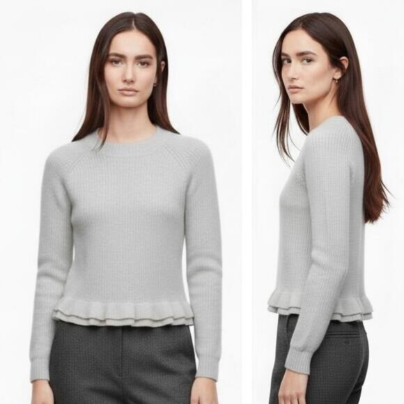 Wilfred Sweaters - WILFRED Aritzia Jonnie Merino Wool Ruffle Sweater XS Light Grey / Silver Birch